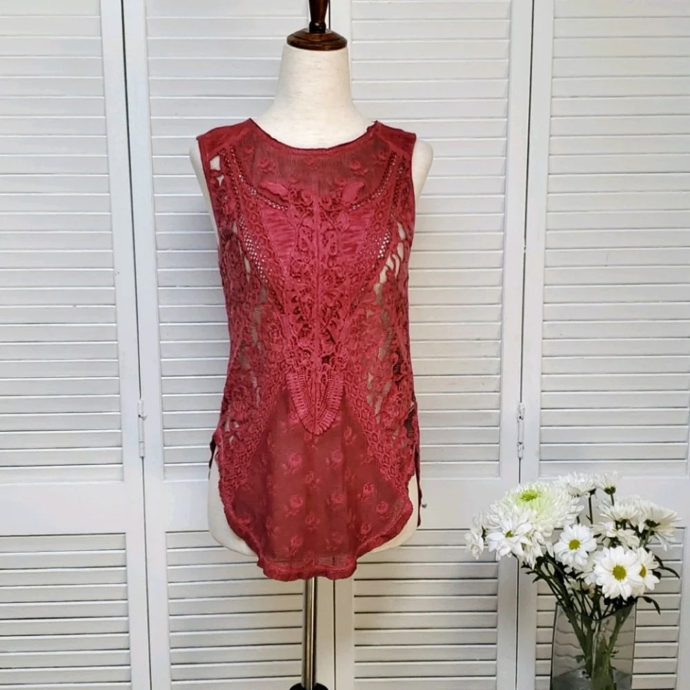 Free People Size XS Mesh Floral Embroidered Tank
